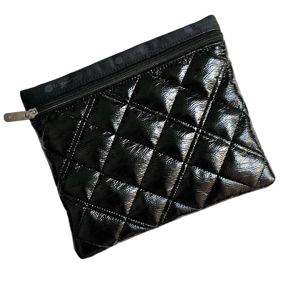 LeSportsac Black Vinyl Shiny Quilted Rectangle Makeup Travel Pouch